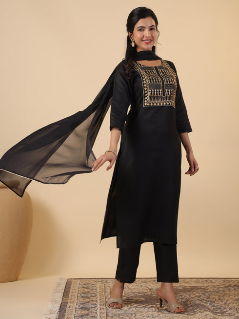 Black Cotton Blend Yoke Embroidery Straight Kurta Set